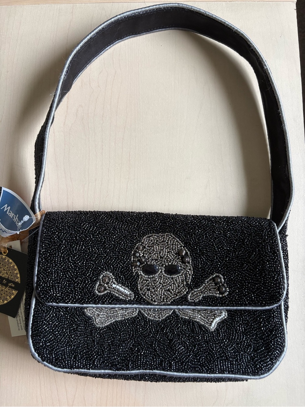 Beaded Black Skull & Crossbones Shoulder Bag